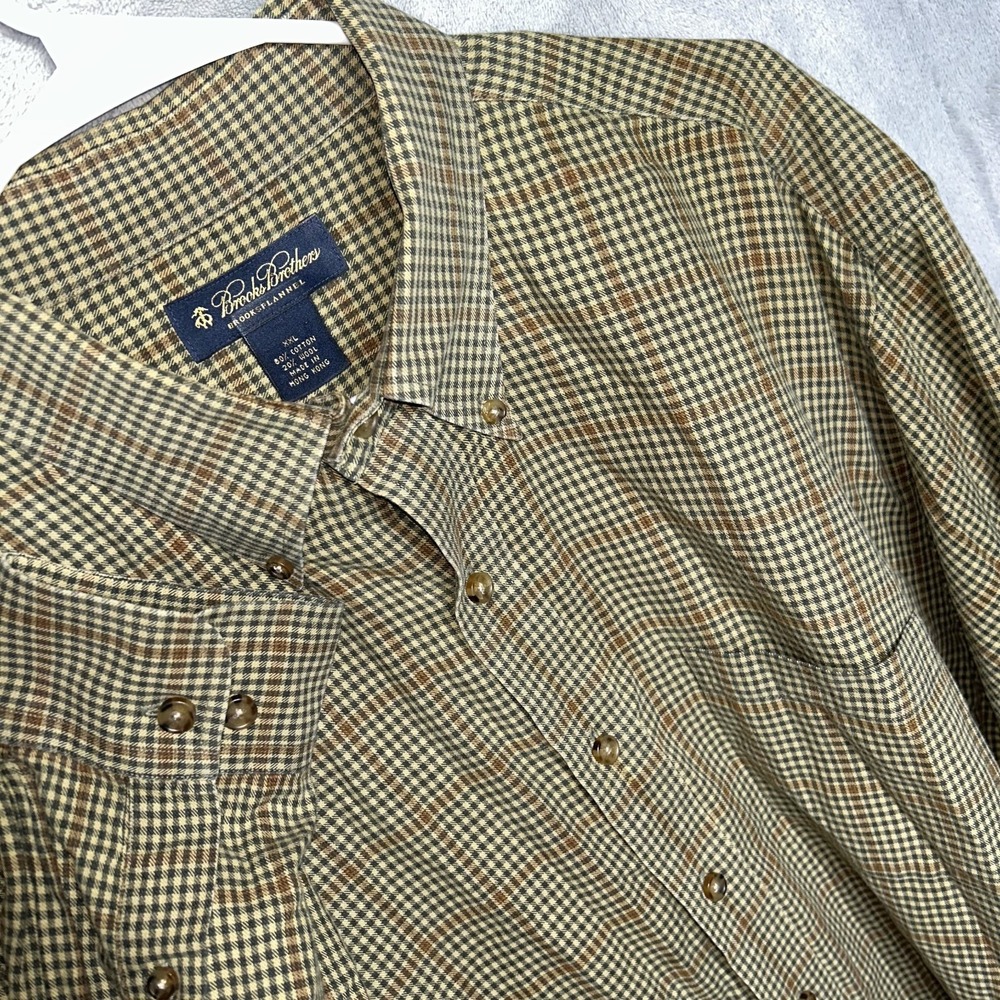 VTG Brooks Brothers Mens XXL Flannel Shirt Wool 20% Blend Brown Plaid